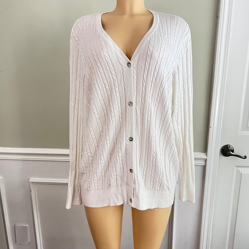 Tail Sweater Womens XL Tennis Golf White Cable Knit V-Neck‎ Button Up Cardigan
